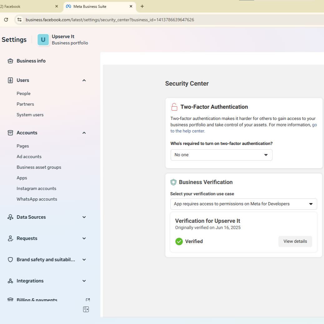 Facebook verified business menager by Confirm Meta for Upserve It
